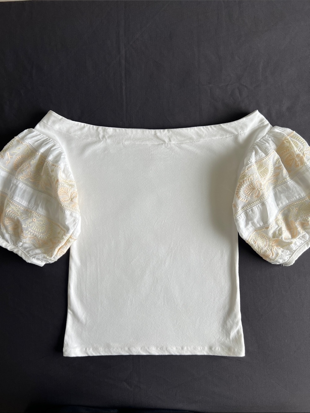 Free People White Off-Shoulder Puff Sleeve Crop Top with Cream Embroidery